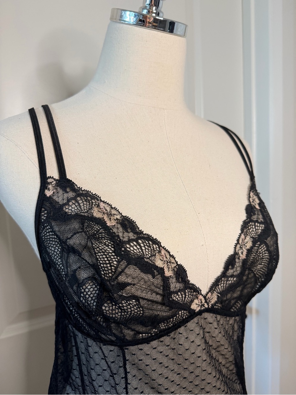 Vintage Felina Sheer Black Mesh Camisole with Pink Accented Floral Details